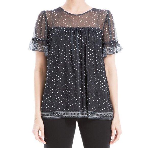 Max Studio Womens XS Black & Ivory Polka Dot Semi Sheer Short Sleeve Top NEW - Picture 1 of 2